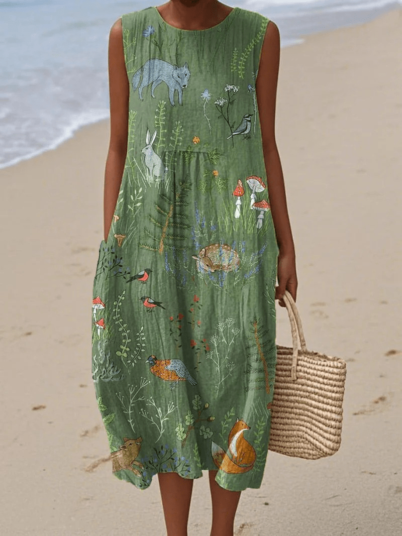 María - Vestido Sin Mangas con Bolsillo y Estampado de Animales del Bosque Vintage - Ebora Store