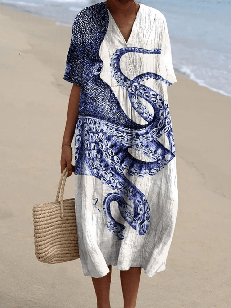 Clara - Vestido Casual con Estampado de Pulpo - Ebora Store