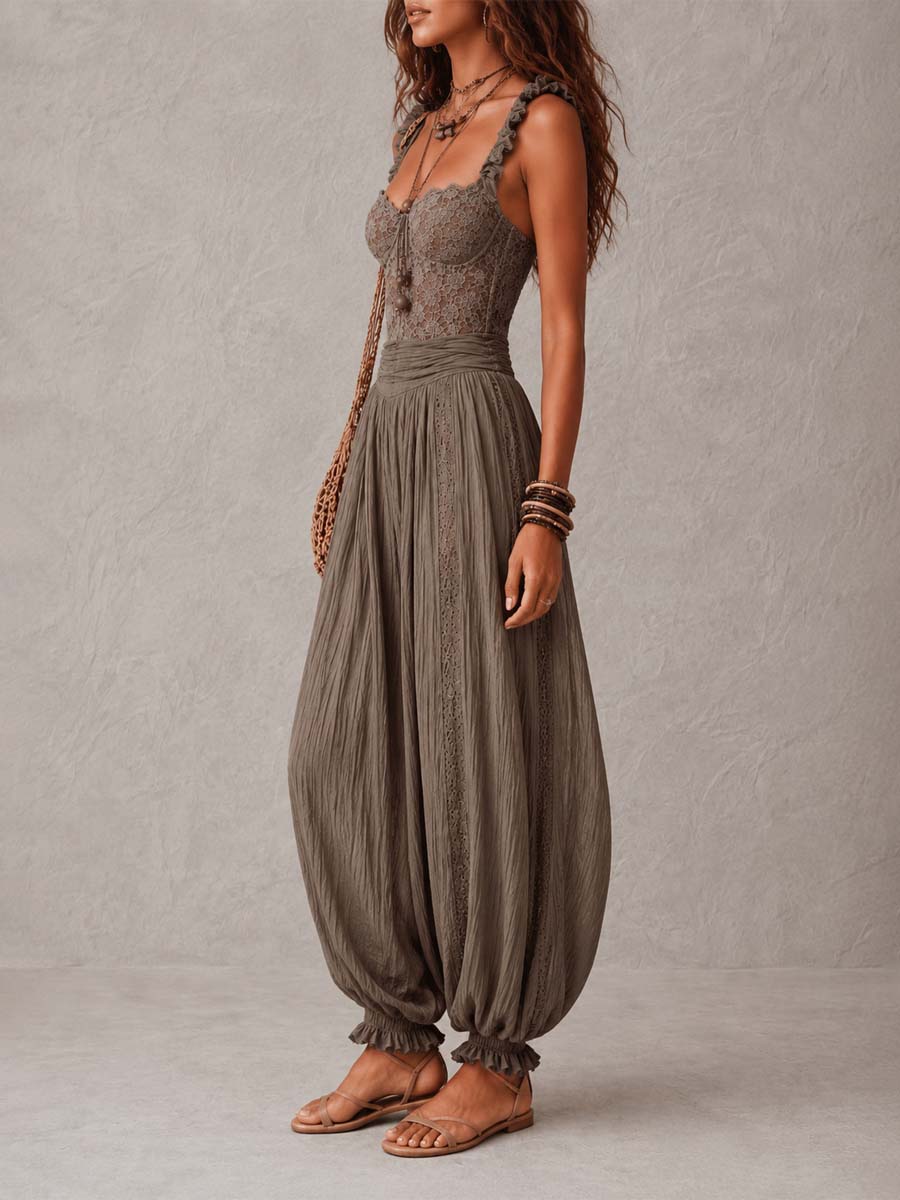 Nieves • Conjunto de bandeau de encaje gris y pantalones harem de algodón plisados - Ebora Store