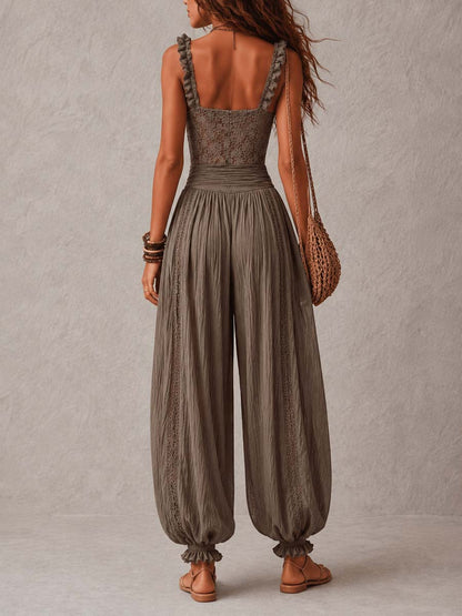 Nieves • Conjunto de bandeau de encaje gris y pantalones harem de algodón plisados - Ebora Store
