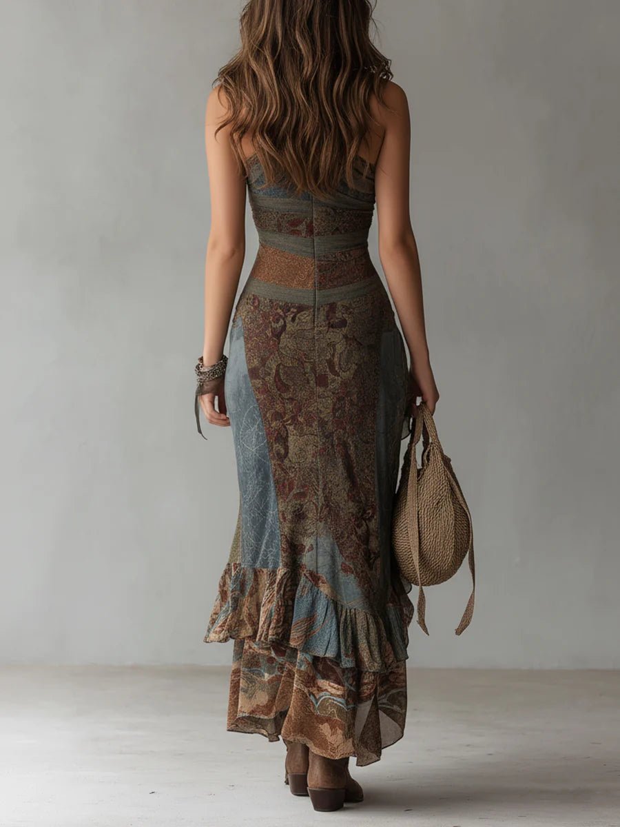 Elena ™ Vestido largo asimétrico de un hombro con estampado étnico y abertura alta - Ebora Store