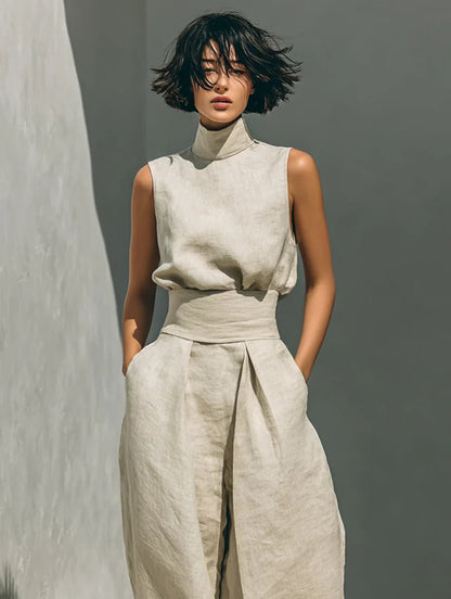 Flor™ | Conjunto minimalista de blusa sin mangas y pantalón de pernera ancha en algodón y lino para mujer - Ebora Store