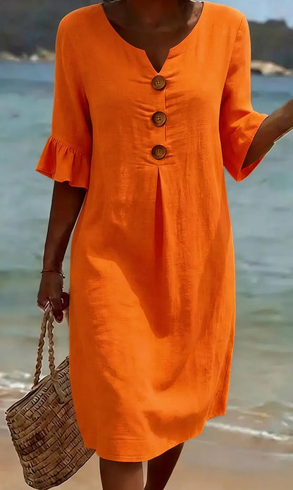Vanesa™ | Vestido con textura de lino con manga abullonada y botones - Ebora Store