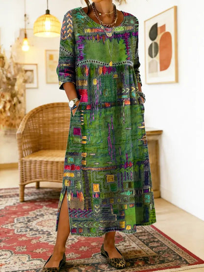 Manuela | Vestido Denim con Patchwork Étnico - Ebora Store