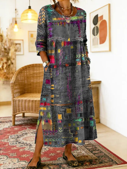 Manuela | Vestido Denim con Patchwork Étnico - Ebora Store