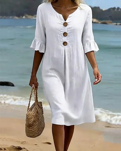 Vanesa™ | Vestido con textura de lino con manga abullonada y botones - Ebora Store