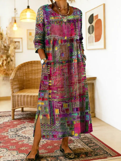 Manuela | Vestido Denim con Patchwork Étnico - Ebora Store