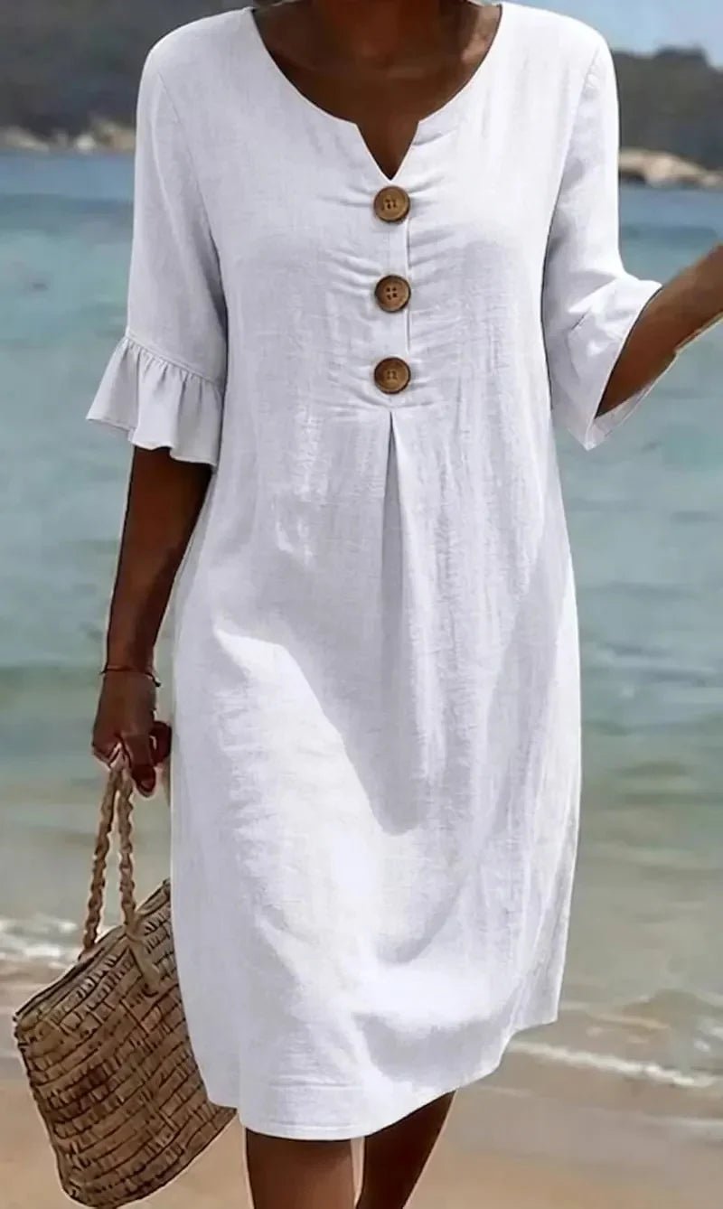 Vanesa™ | Vestido con textura de lino con manga abullonada y botones - Ebora Store