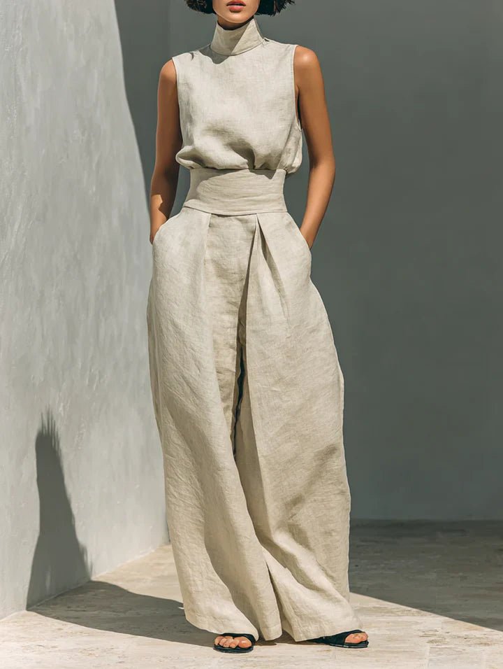 Flor™ | Conjunto minimalista de blusa sin mangas y pantalón de pernera ancha en algodón y lino para mujer - Ebora Store