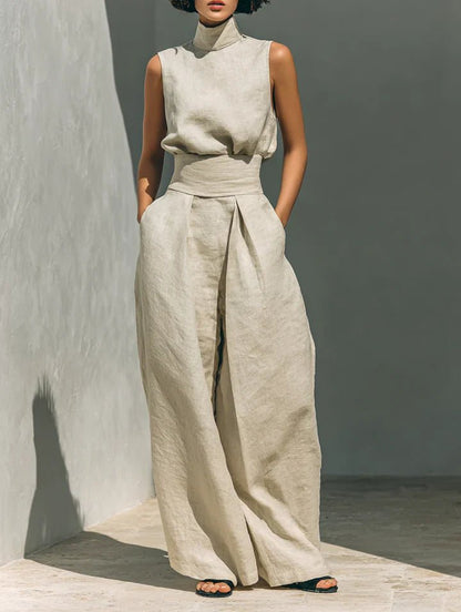 Flor™ | Conjunto minimalista de blusa sin mangas y pantalón de pernera ancha en algodón y lino para mujer - Ebora Store