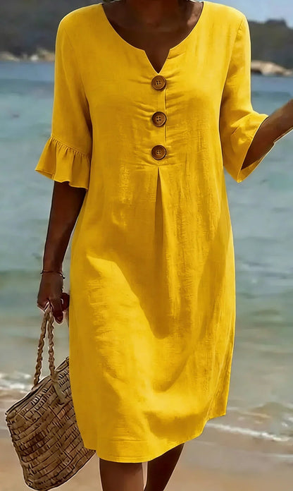 Vanesa™ | Vestido con textura de lino con manga abullonada y botones - Ebora Store