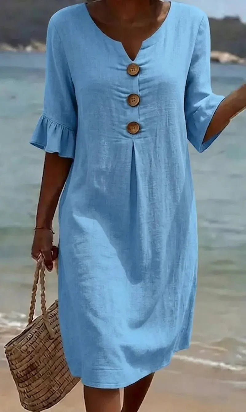 Vanesa™ | Vestido con textura de lino con manga abullonada y botones - Ebora Store