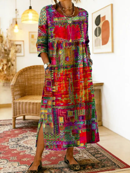 Manuela | Vestido Denim con Patchwork Étnico - Ebora Store