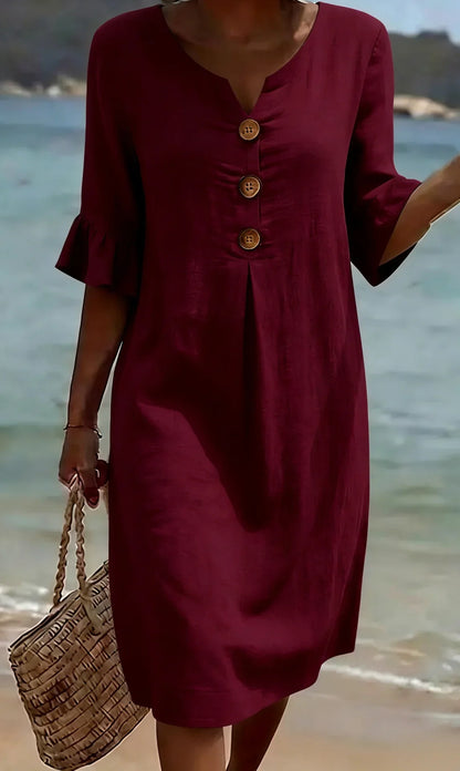 Vanesa™ | Vestido con textura de lino con manga abullonada y botones - Ebora Store