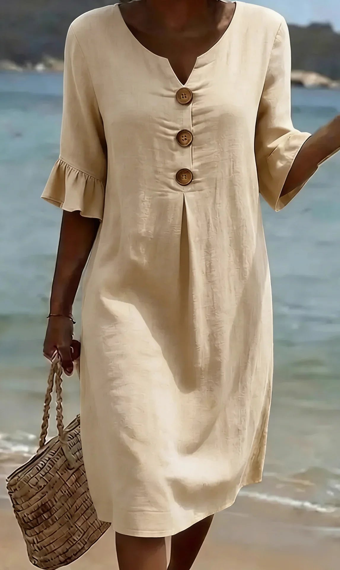 Vanesa™ | Vestido con textura de lino con manga abullonada y botones - Ebora Store