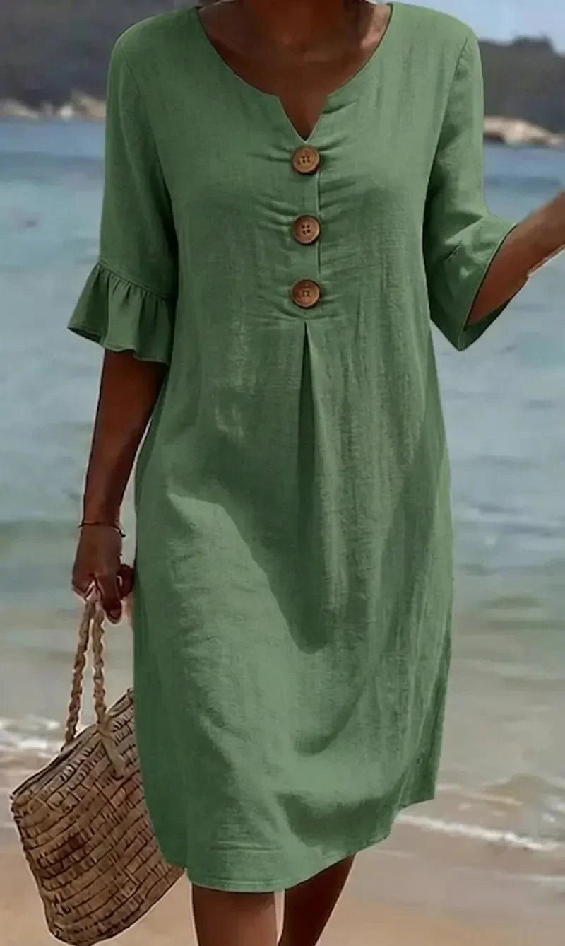 Vanesa™ | Vestido con textura de lino con manga abullonada y botones - Ebora Store