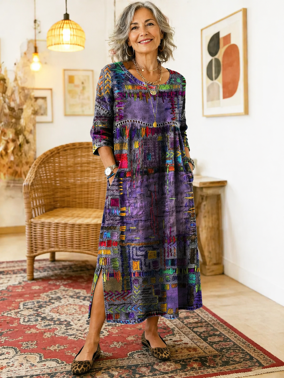 Manuela | Vestido Denim con Patchwork Étnico - Ebora Store