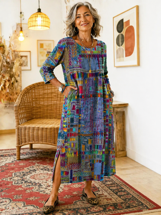 Manuela | Vestido Denim con Patchwork Étnico - Ebora Store