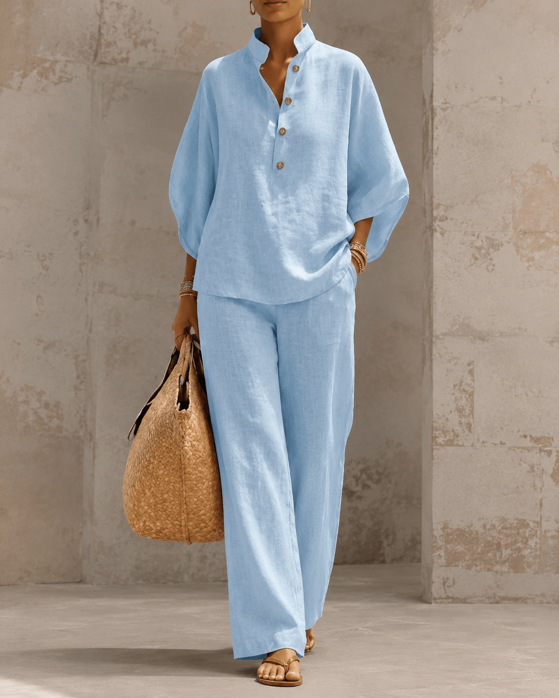 Lorena | Conjunto algodón - lino con mangas murciélago y pantalón ancho - Ebora Store
