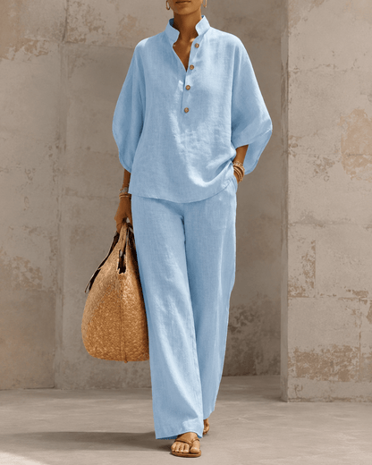 Lorena | Conjunto algodón - lino con mangas murciélago y pantalón ancho - Ebora Store