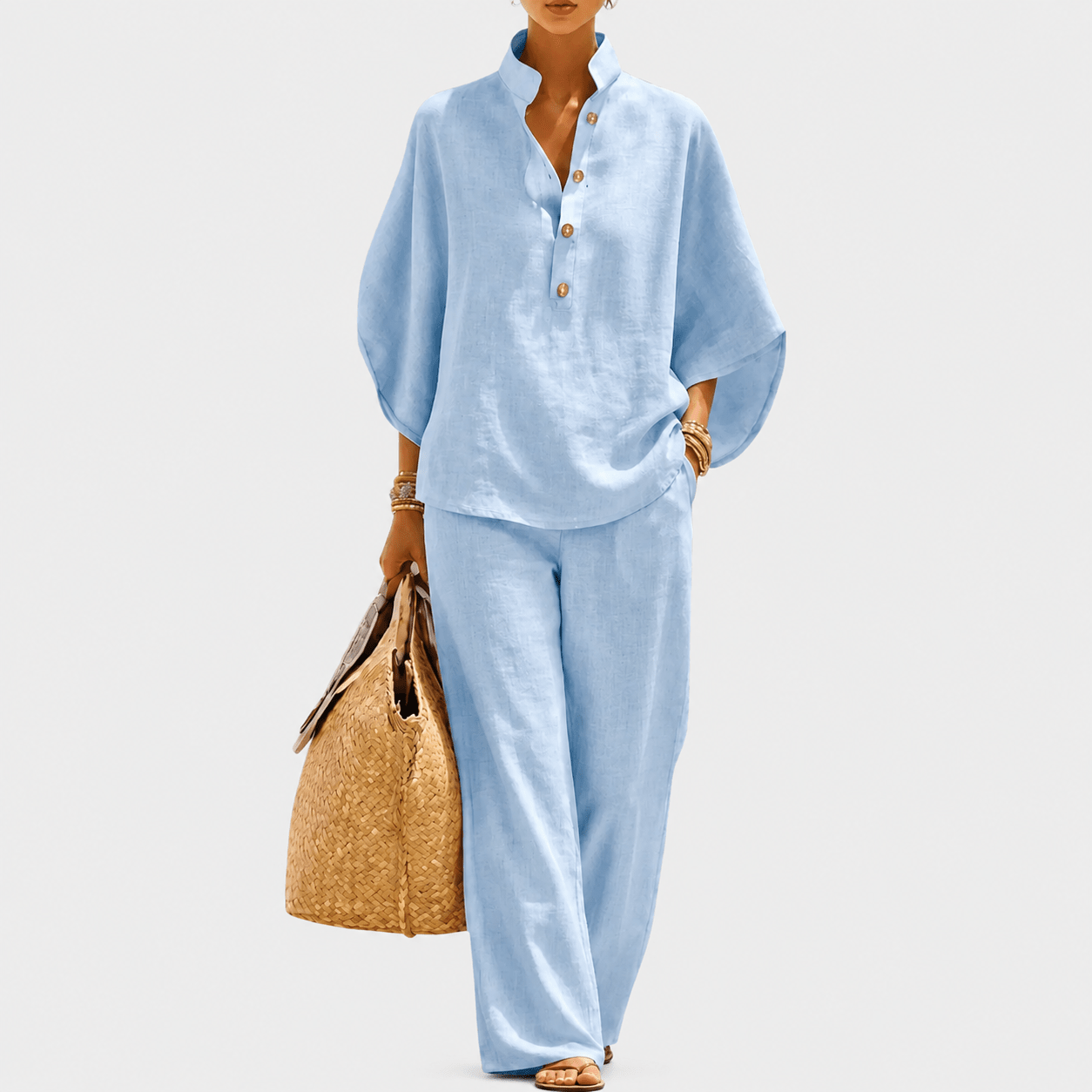 Lorena | Conjunto algodón-lino con mangas murciélago y pantalón ancho - Ebora Store