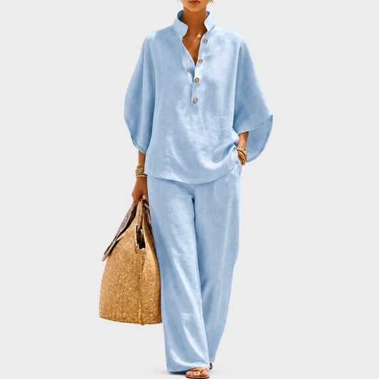 Lorena | Conjunto algodón-lino con mangas murciélago y pantalón ancho