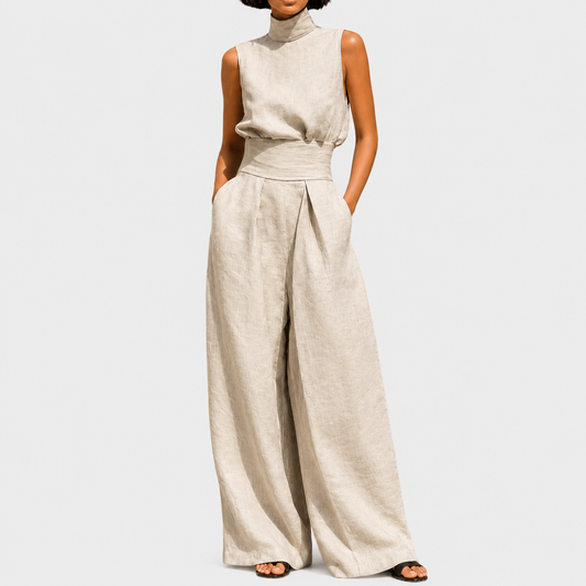 Flor™ | Conjunto minimalista de blusa sin mangas y pantalón de pernera ancha en algodón y lino para mujer