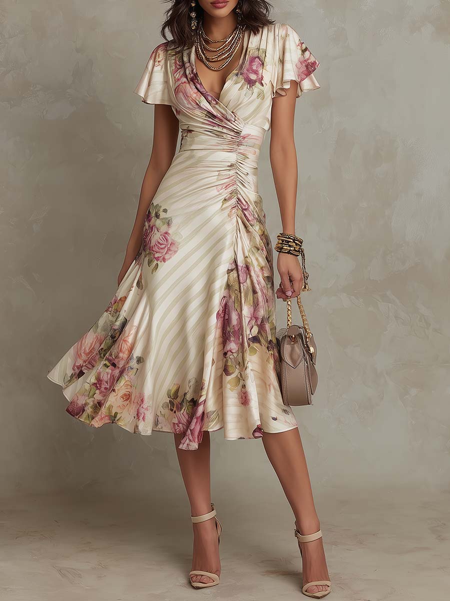 Alba | Vestido midi floral de satén elegante - Ebora Store