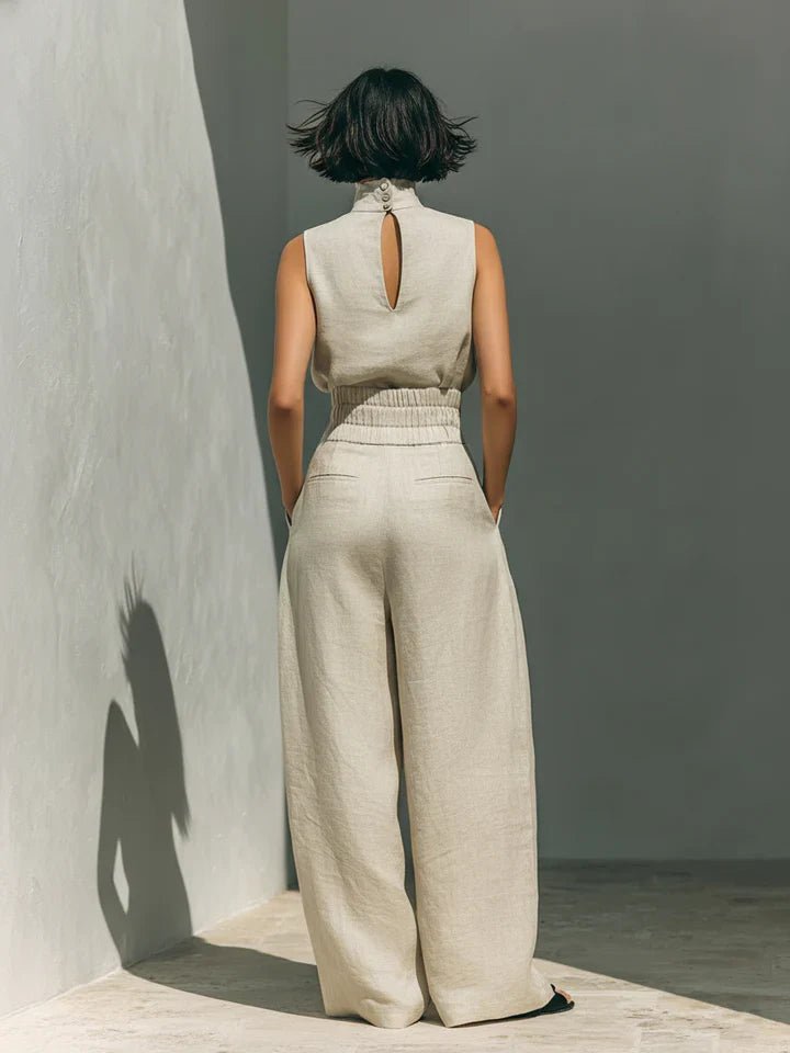 Flor™ | Conjunto minimalista de blusa sin mangas y pantalón de pernera ancha en algodón y lino para mujer - Ebora Store