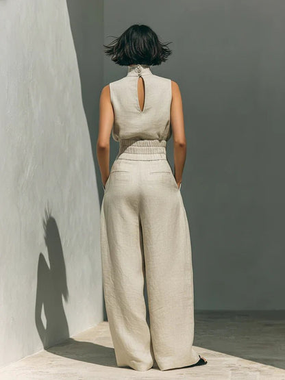 Flor™ | Conjunto minimalista de blusa sin mangas y pantalón de pernera ancha en algodón y lino para mujer - Ebora Store
