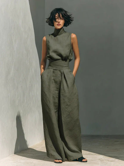 Flor™ | Conjunto minimalista de blusa sin mangas y pantalón de pernera ancha en algodón y lino para mujer - Ebora Store