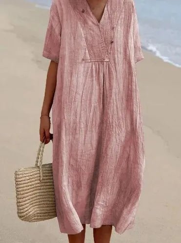Sandra | Vestido informal con textura de lino y escote en pico - Ebora Store