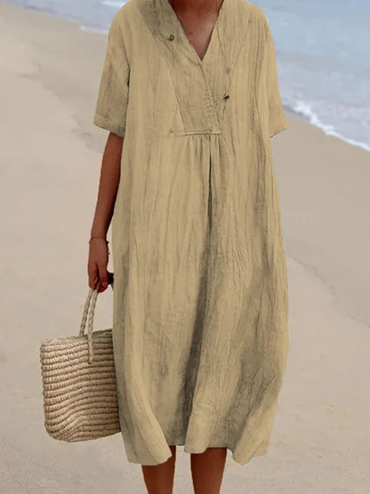Sandra | Vestido informal con textura de lino y escote en pico - Ebora Store