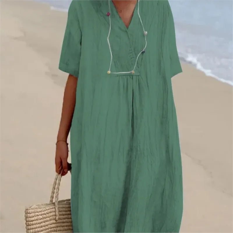 Sandra | Vestido informal con textura de lino y escote en pico - Ebora Store