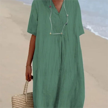 Sandra | Vestido informal con textura de lino y escote en pico - Ebora Store