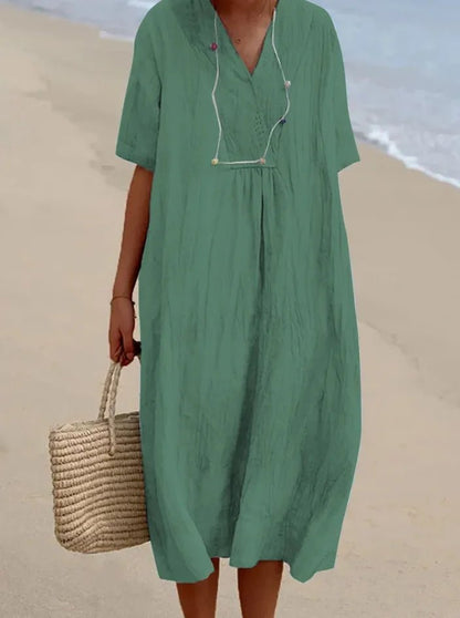 Sandra | Vestido informal con textura de lino y escote en pico - Ebora Store