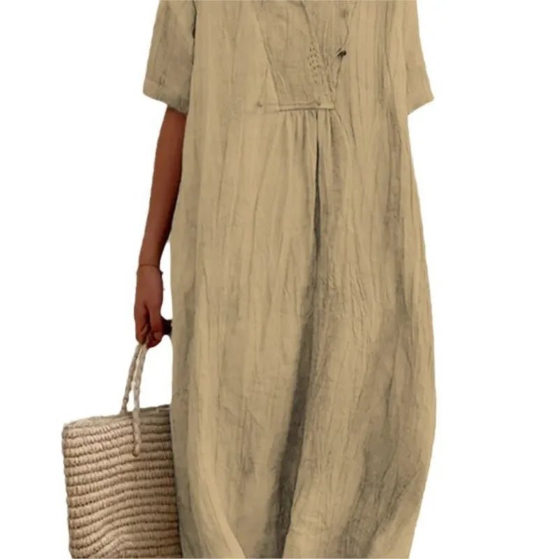 Sandra | Vestido informal con textura de lino y escote en pico - Ebora Store