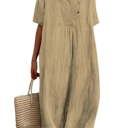 Sandra | Vestido informal con textura de lino y escote en pico - Ebora Store
