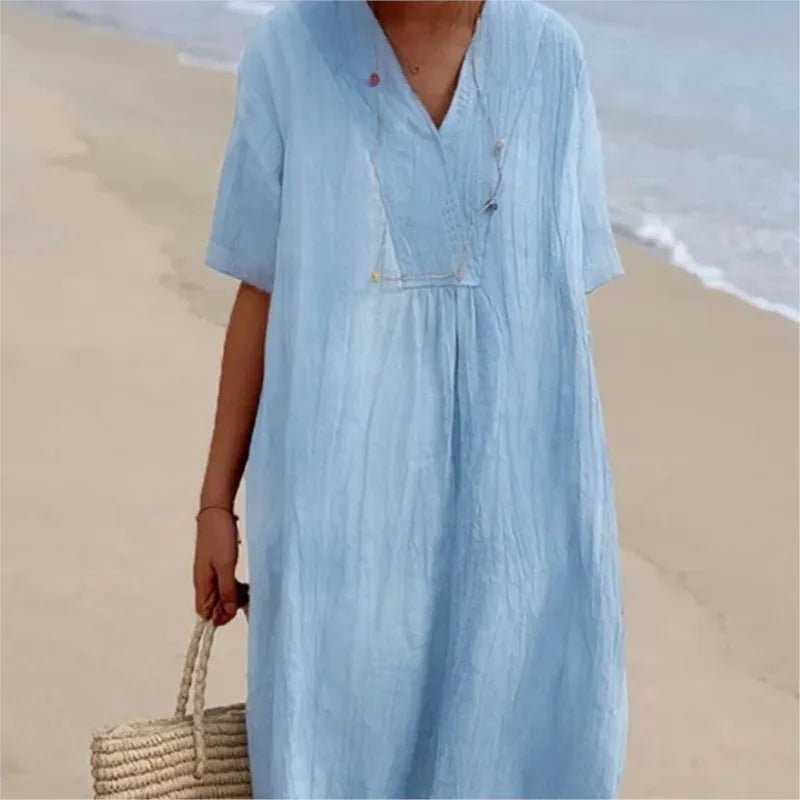 Sandra | Vestido informal con textura de lino y escote en pico - Ebora Store