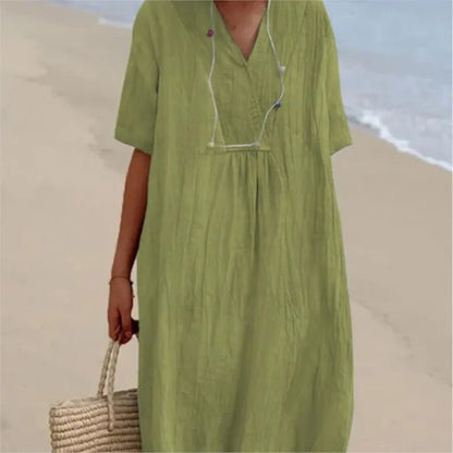 Sandra | Vestido informal con textura de lino y escote en pico - Ebora Store