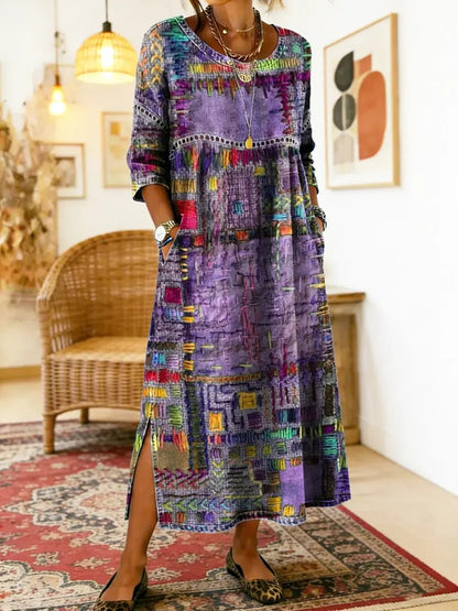 Manuela | Vestido Denim con Patchwork Étnico - Ebora Store