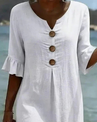 Vanesa™ | Vestido con textura de lino con manga abullonada y botones - Ebora Store