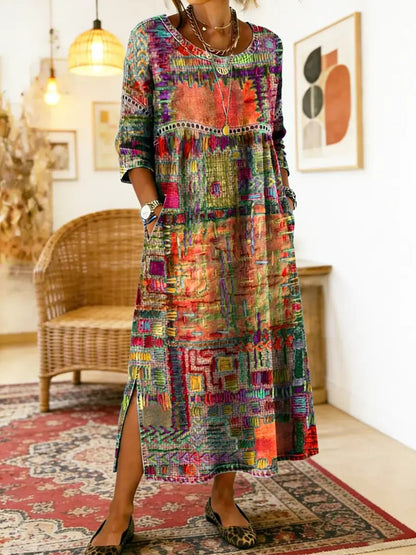 Manuela | Vestido Denim con Patchwork Étnico - Ebora Store