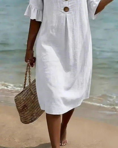 Vanesa™ | Vestido con textura de lino con manga abullonada y botones - Ebora Store