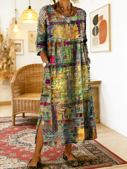 Manuela | Vestido Denim con Patchwork Étnico - Ebora Store