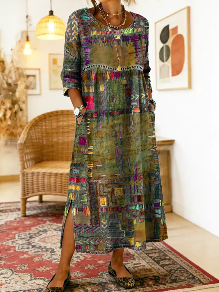 Manuela | Vestido Denim con Patchwork Étnico - Ebora Store