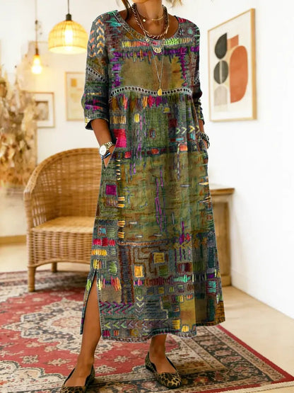 Manuela | Vestido Denim con Patchwork Étnico - Ebora Store