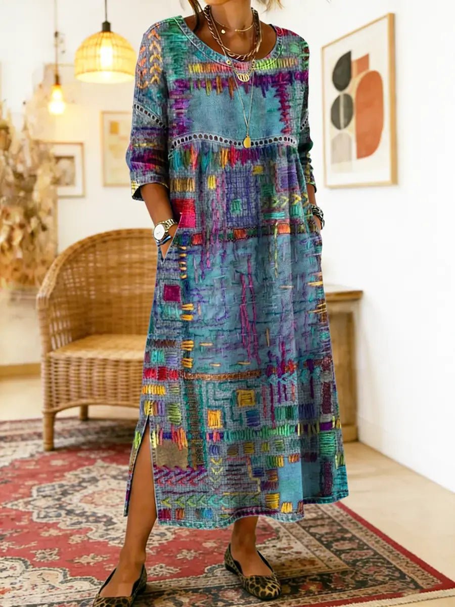 Manuela | Vestido Denim con Patchwork Étnico - Ebora Store