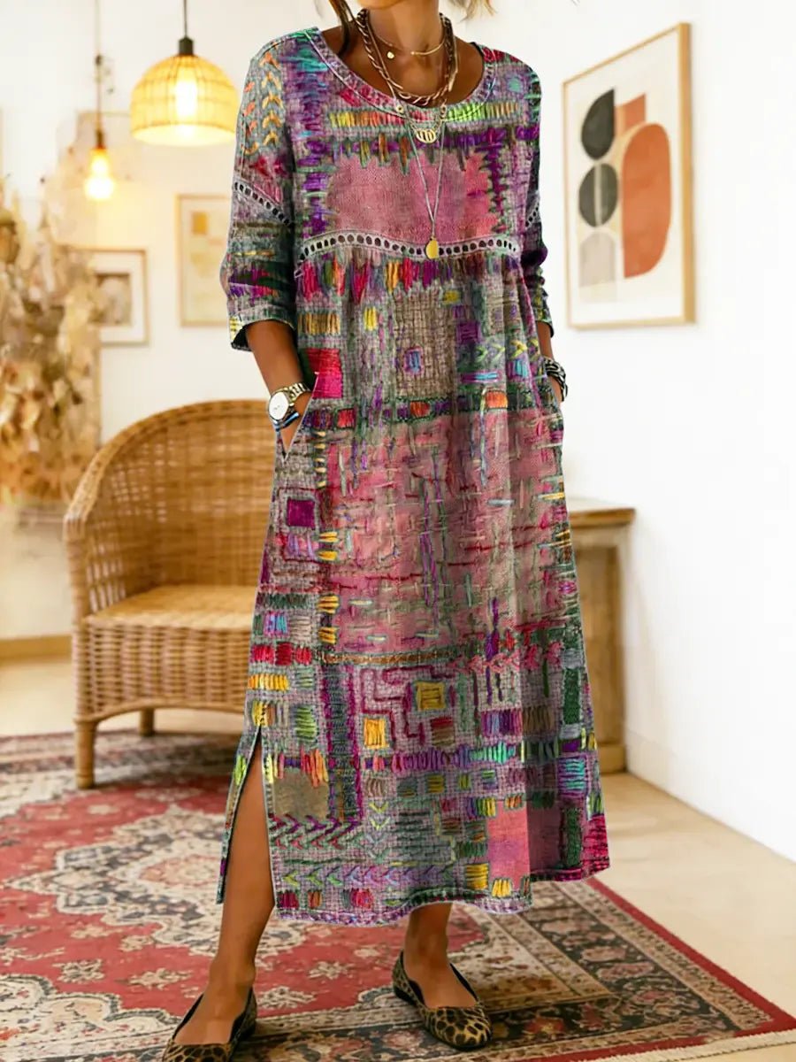 Manuela | Vestido Denim con Patchwork Étnico - Ebora Store
