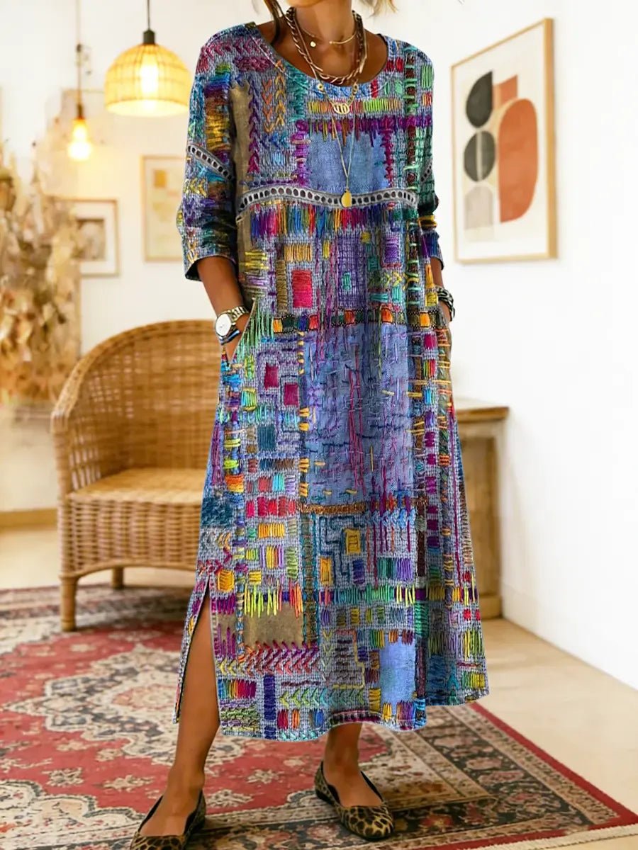 Manuela | Vestido Denim con Patchwork Étnico - Ebora Store